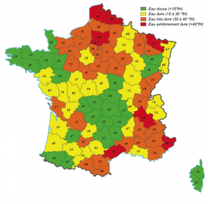 Carte de France des titres hydrotimétriques selon les régions et départements (TH)